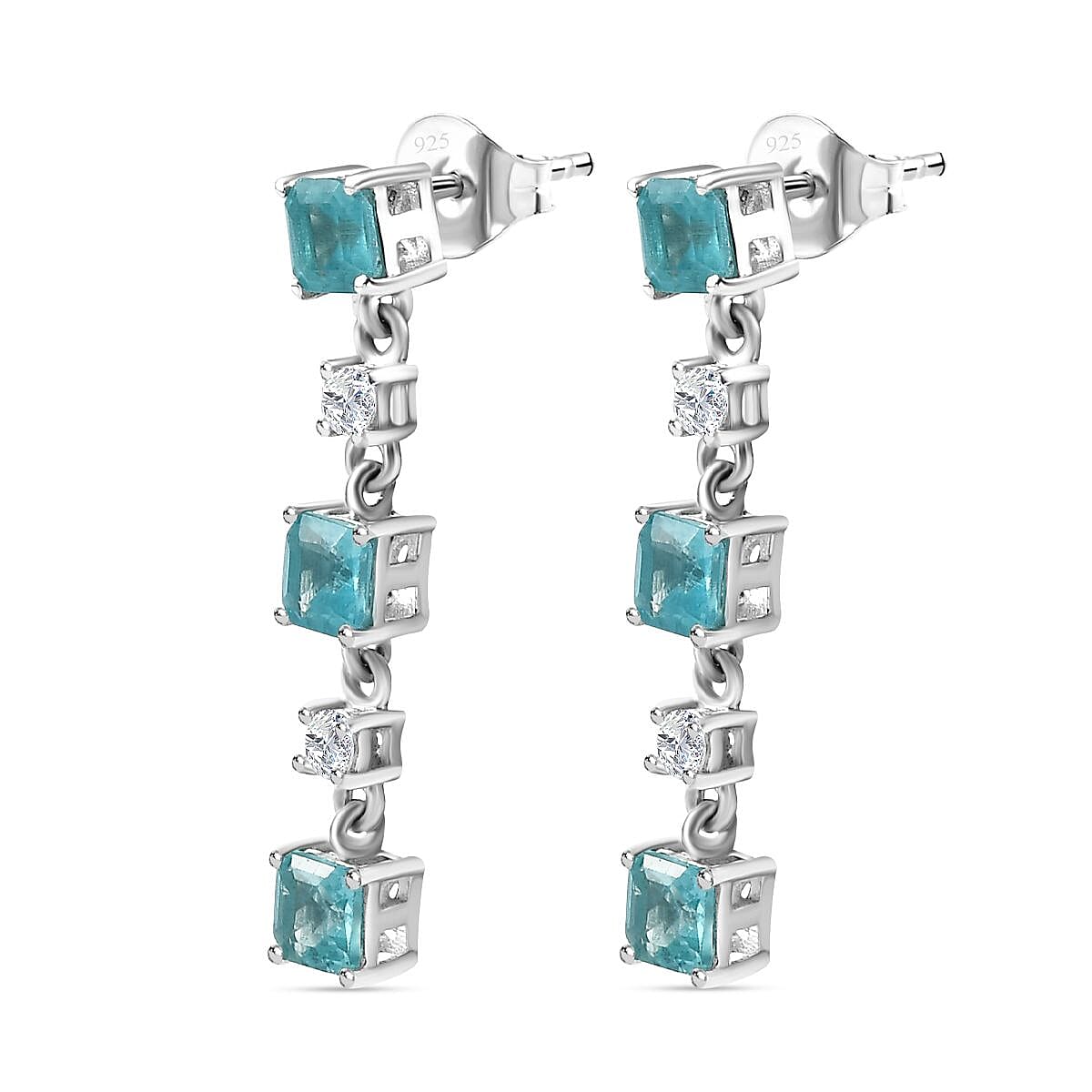 Blue Lagoon Apatite and  White Zircon Dangling Earrings in Rhodium Overlay Sterling Silver 7814402 4