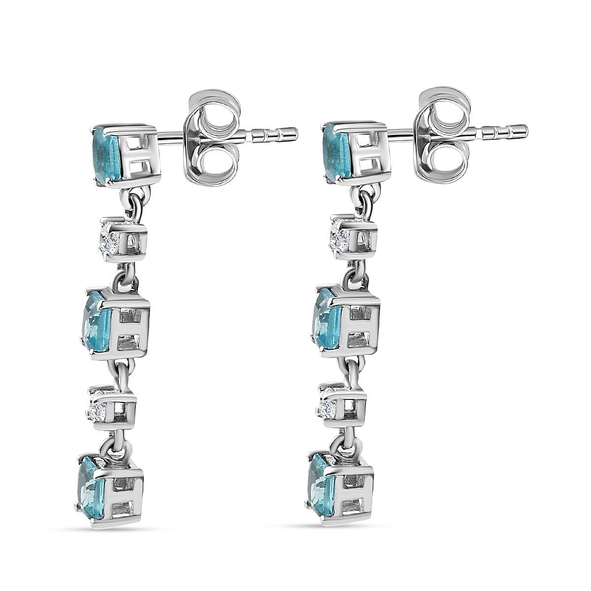 Blue Lagoon Apatite and  White Zircon Dangling Earrings in Rhodium Overlay Sterling Silver 7814402 5