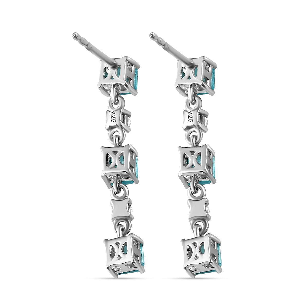 Blue Lagoon Apatite and  White Zircon Dangling Earrings in Rhodium Overlay Sterling Silver 7814402 6