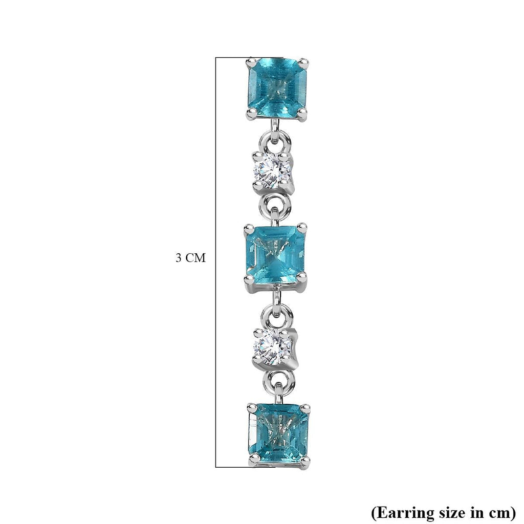 Blue Lagoon Apatite &  White Zircon Dangling Earring in Rhodium Overlay Sterling Silver 2.50 ct