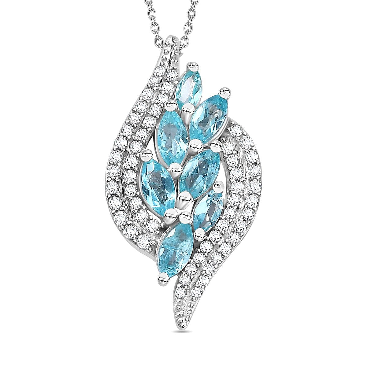 Blue Lagoon Apatite, White Zircon Pendant with Chain (Size 20) in Rhodium Plated Sterling Silver 4286113 0