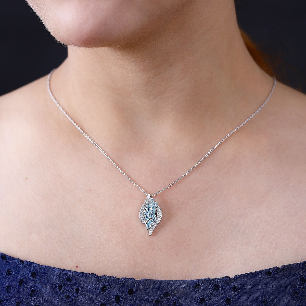 Blue Lagoon Apatite, White Zircon Pendant with Chain (Size 20) in Rhodium Plated Sterling Silver 4286113 2