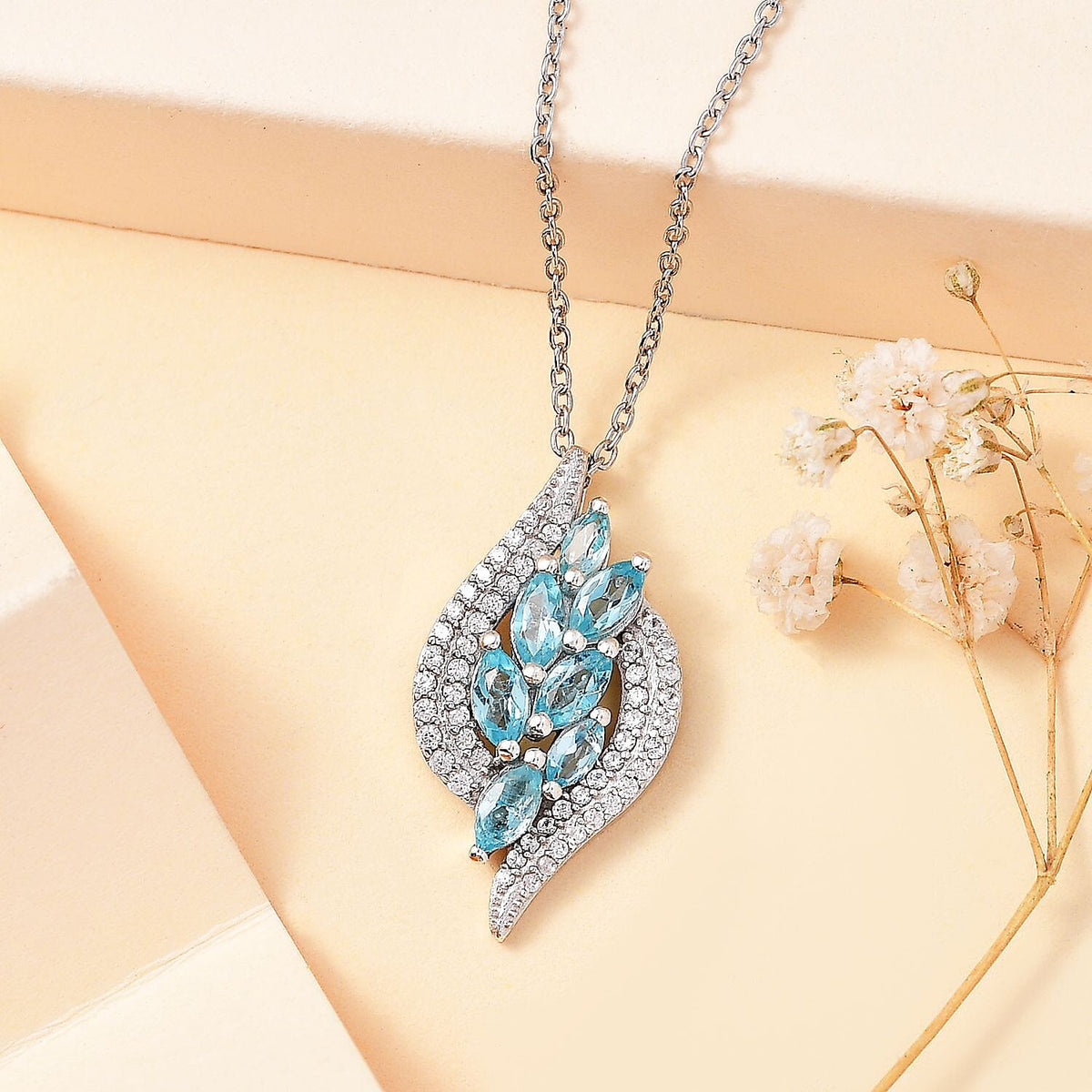 Blue Lagoon Apatite, White Zircon Pendant with Chain (Size 20) in Rhodium Plated Sterling Silver 4286113 3