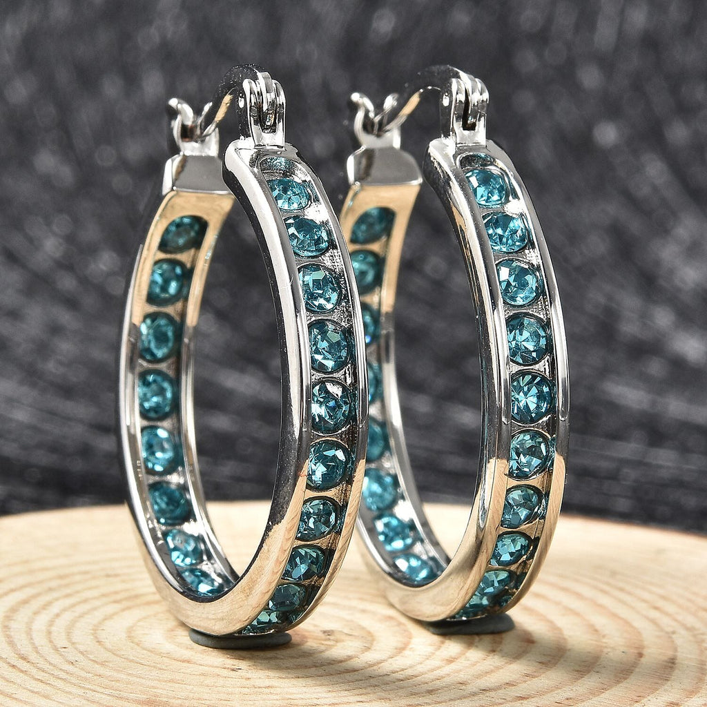 Blue Austrian Crystal Hoop Earrings (With Clasp)in Silver Tone