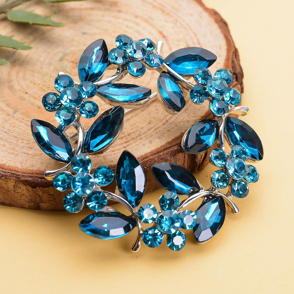 Blue Austrian Crystal and Simulated Apatite Wreath Embellished Brooch in Silver Tone 7020252 3