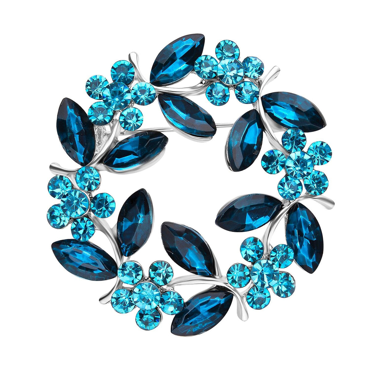 Blue Austrian Crystal and Simulated Apatite Wreath Embellished Brooch in Silver Tone 7020252 2