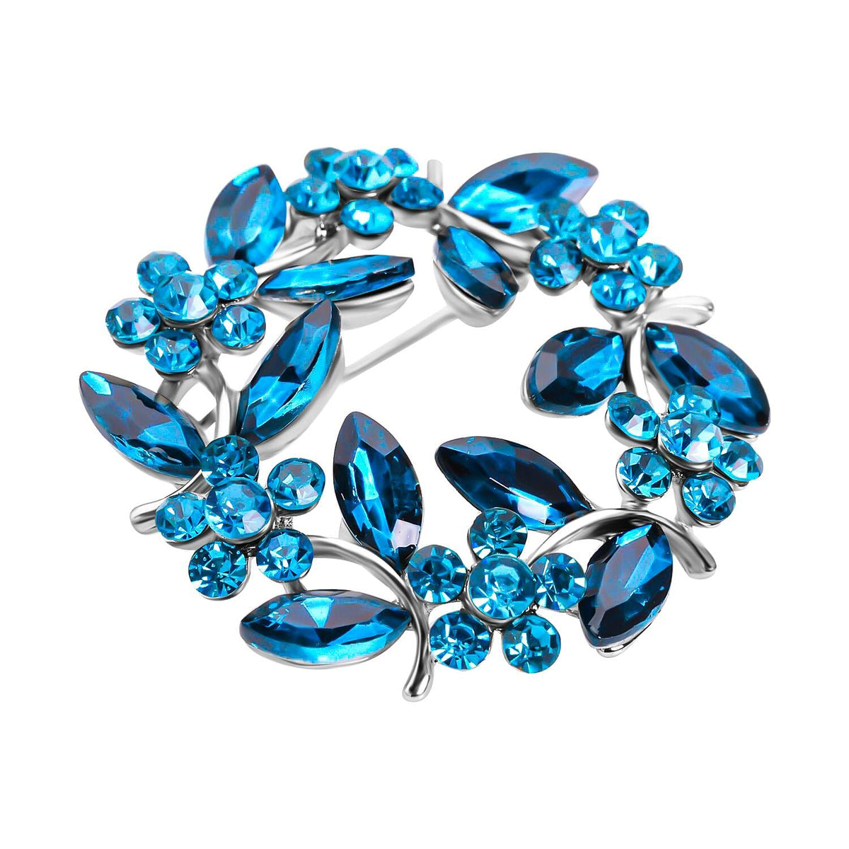 Blue Austrian Crystal and Simulated Apatite Wreath Embellished Brooch in Silver Tone 7020252 6