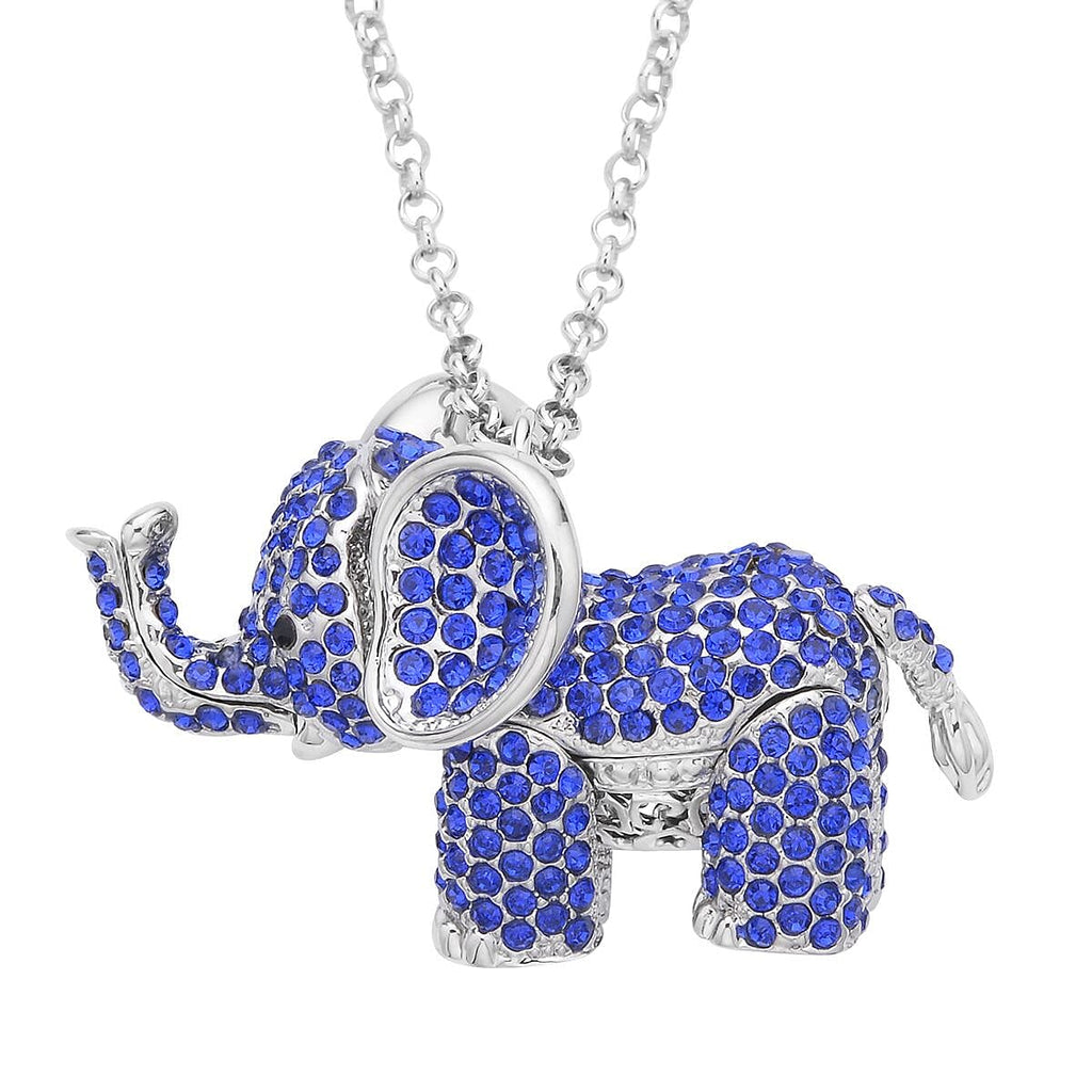 Blue & Black Crystal Glamorous Elephant Theme Necklace (Size - 24-2 Ext) in Silver Tone