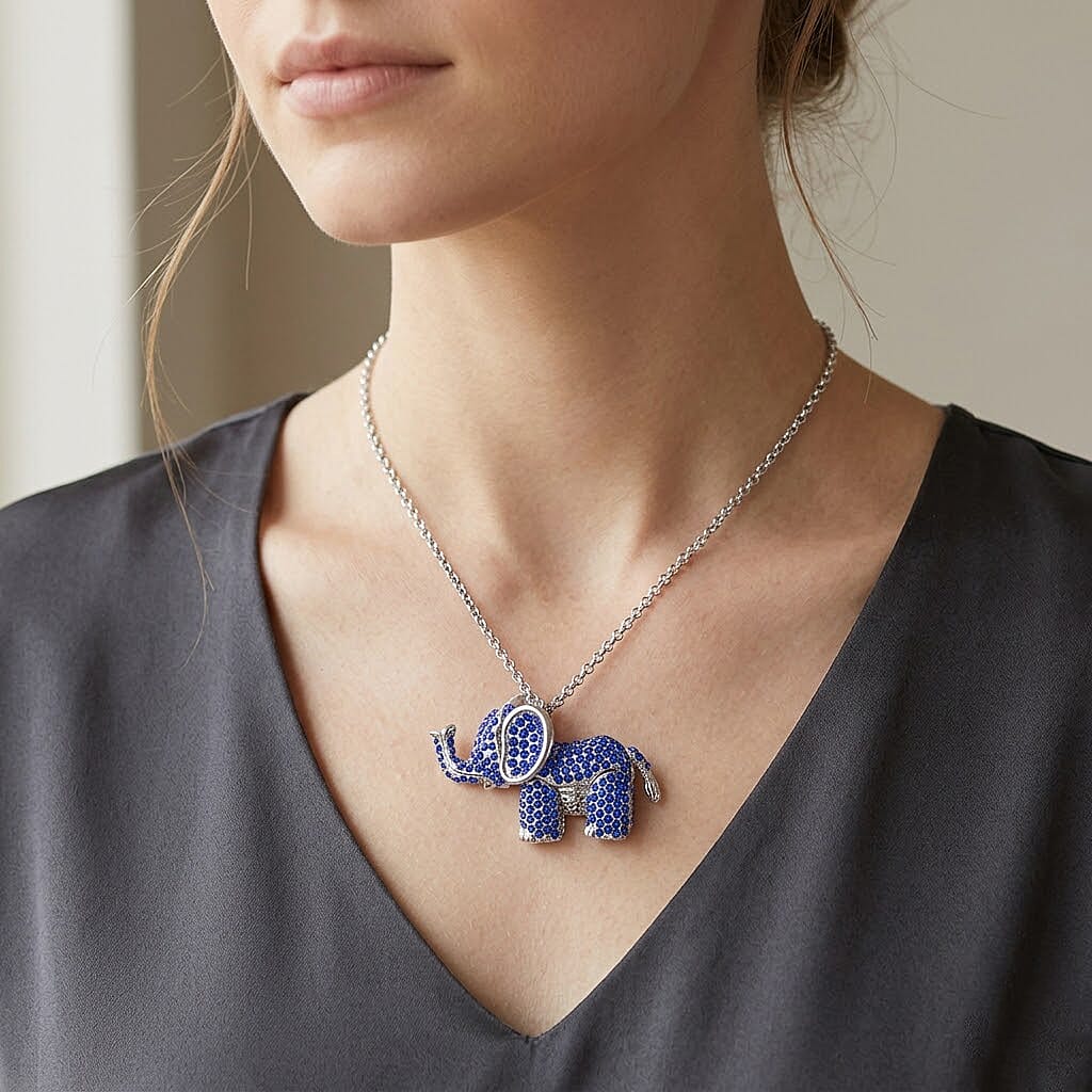 Blue &amp; Black Crystal Glamorous Elephant Theme Necklace (Size - 24+2 Ext) in Silver Tone V32513123 2