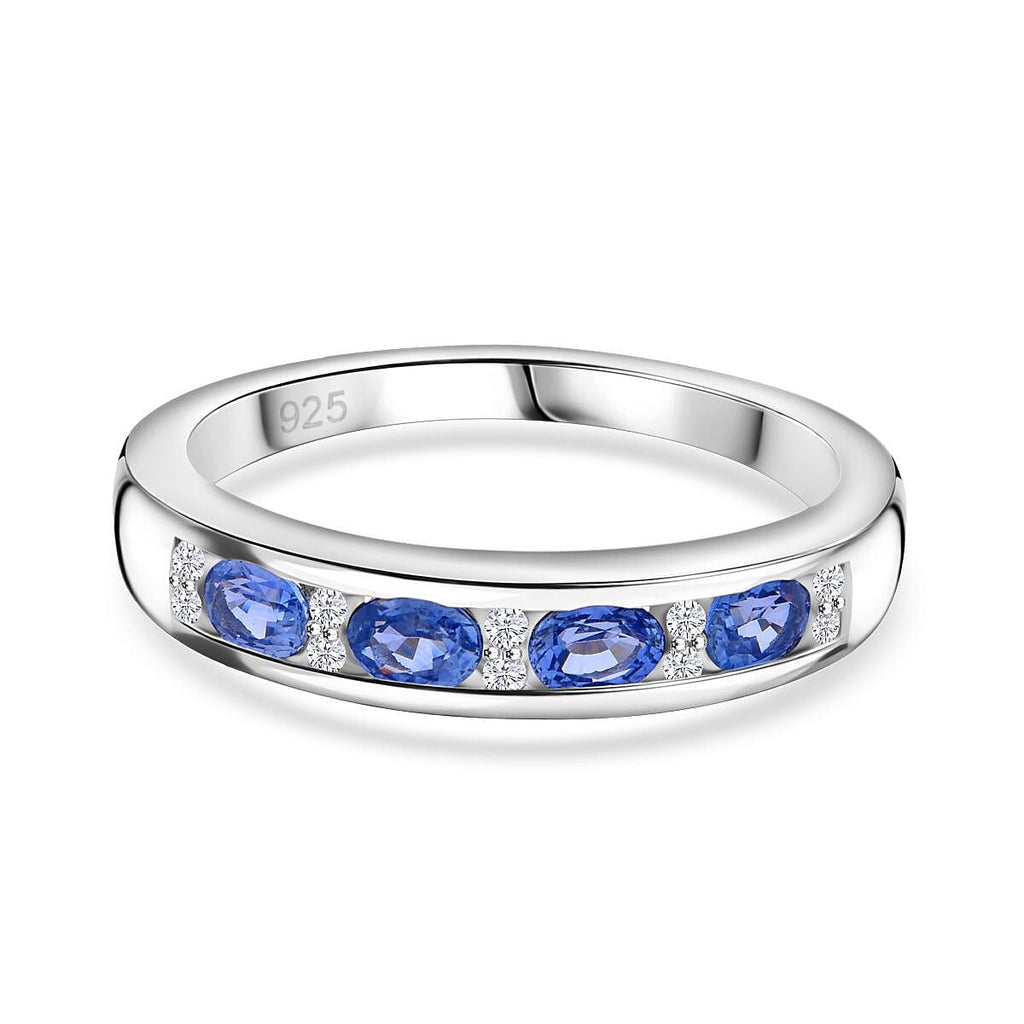 New Arrival - Blue Ceylon Sapphire ring with White Diamonds in Platinum Overlay Sterling Silver