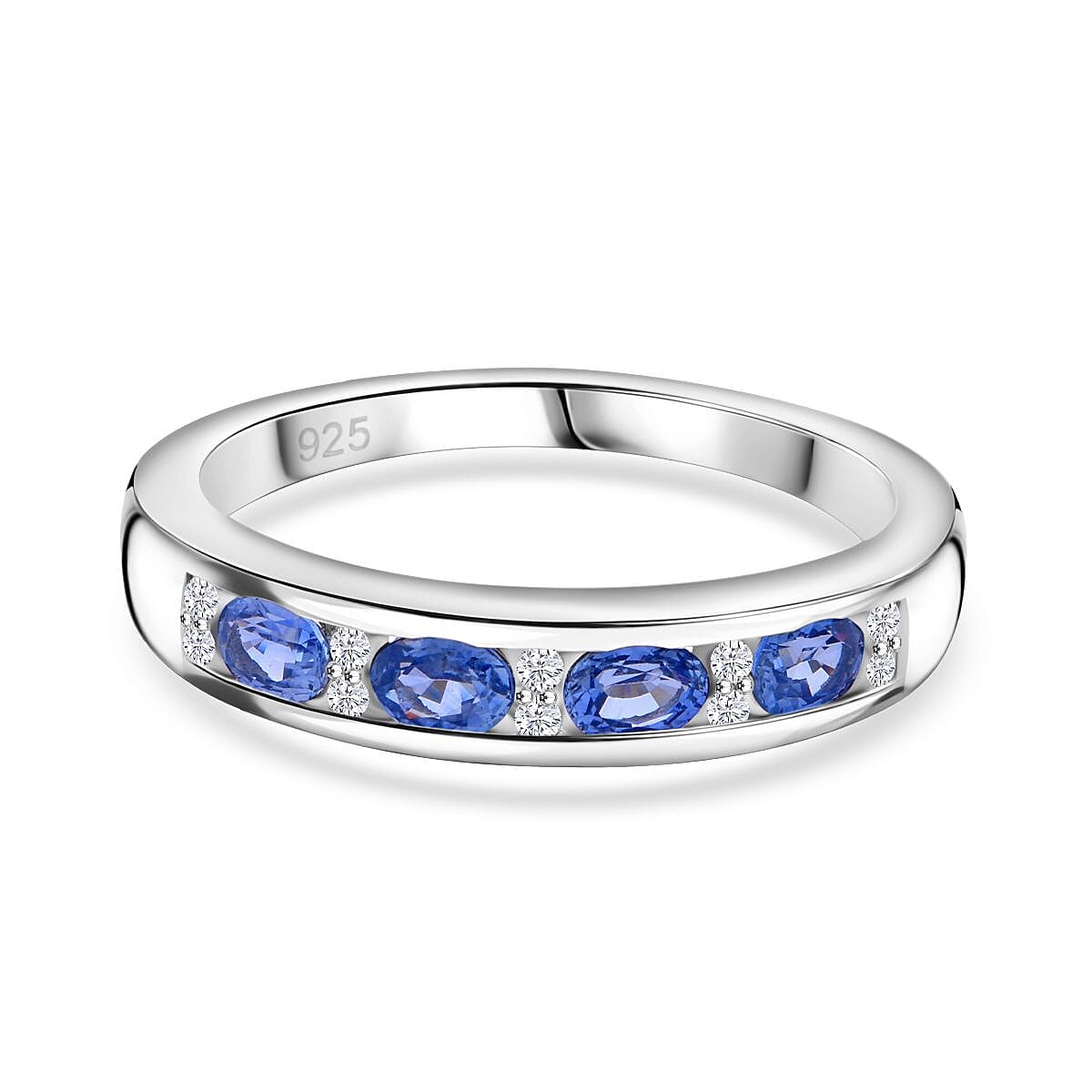 New Arrival - Blue Ceylon Sapphire ring with White Diamonds in Platinum Overlay Sterling Silver 7754561 0