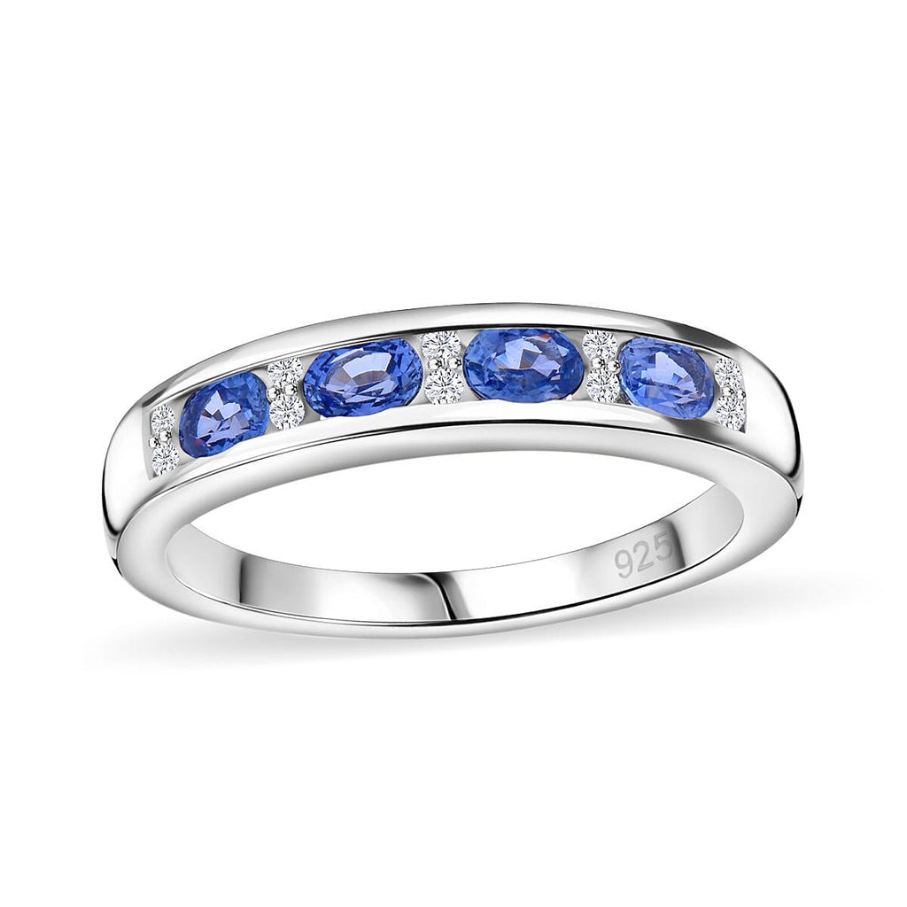 New Arrival - Blue Ceylon Sapphire ring with White Diamonds in Platinum Overlay Sterling Silver