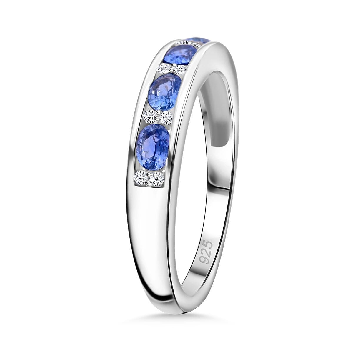 New Arrival - Blue Ceylon Sapphire ring with White Diamonds in Platinum Overlay Sterling Silver 7754561 4