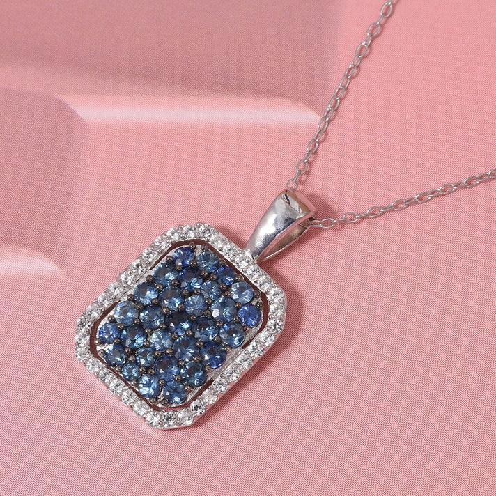Blue Ceylon Sapphire, White Zircon Cluster Pendant with Chain (Size 20) in Rhodium Overlay Sterling Silver 1.42 Ct. 4428960 2