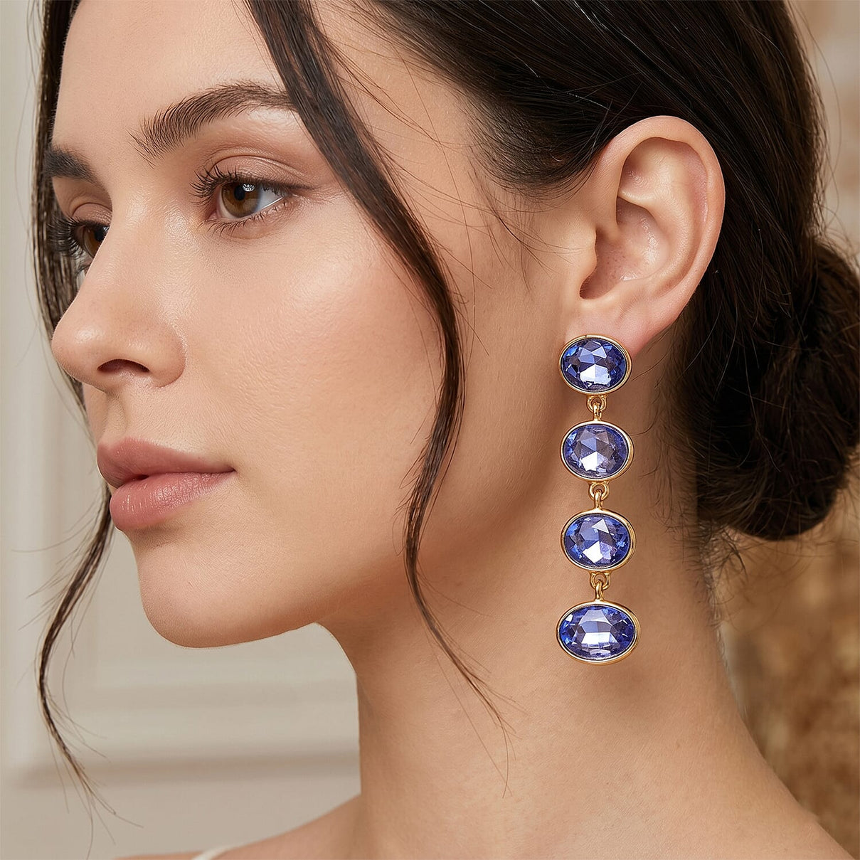 Blue Crystal Dangling Earring with Push Back in Yellow Gold Tone V32372315 2