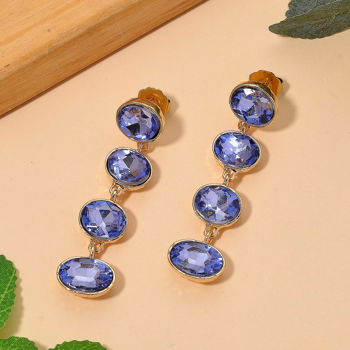 Blue Crystal Dangling Earring with Push Back in Yellow Gold Tone V32372315 3