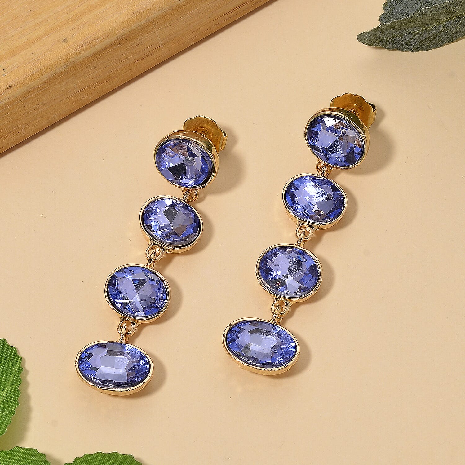 Blue Crystal Dangling Earring with Push Back in Yellow Gold Tone V32372315 3