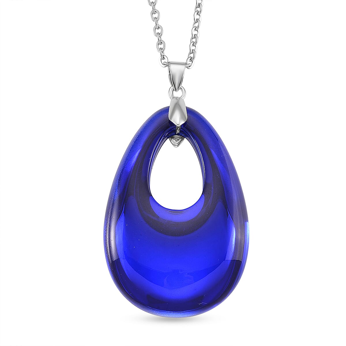 Blue Crystal Teardrop Pendant with Chain (Size 24) in Silver Tone (48x32) V32512792 0