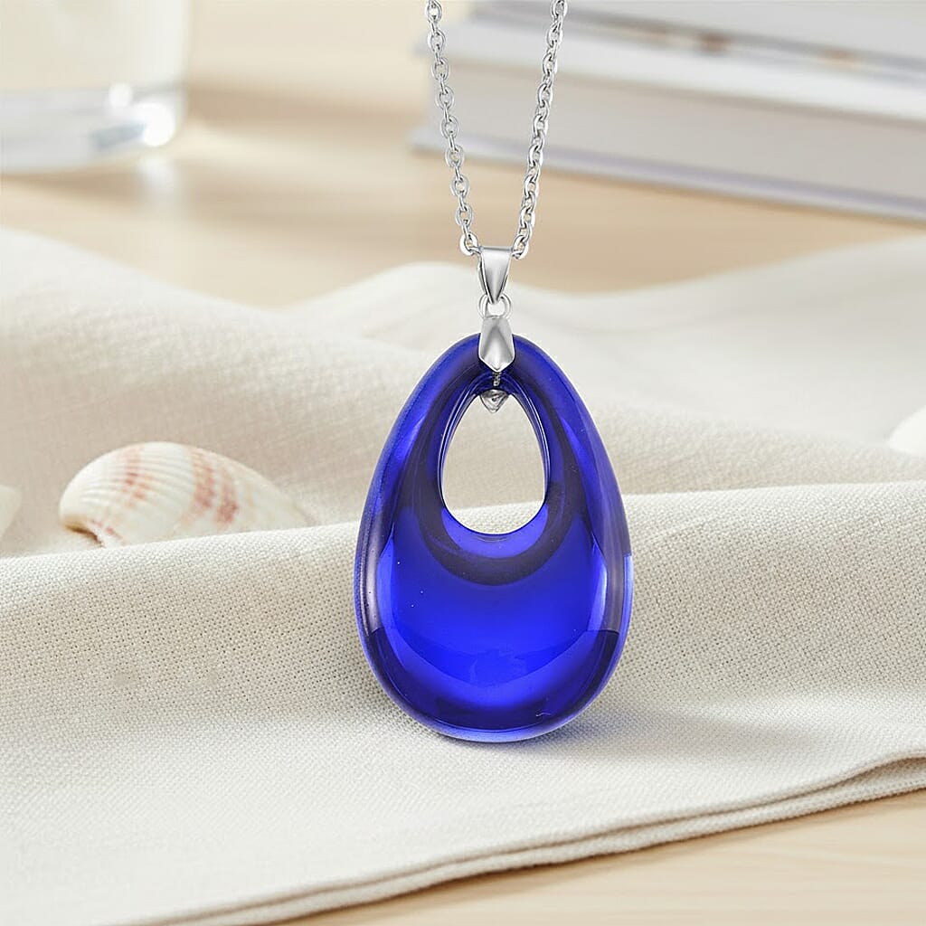 Blue Crystal Teardrop Pendant with Chain (Size 24) in Silver Tone (48x32) V32512792 1