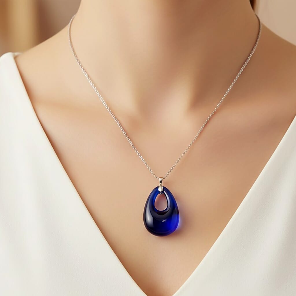 Blue Crystal Teardrop Pendant with Chain (Size 24) in Silver Tone (48x32) V32512792 2
