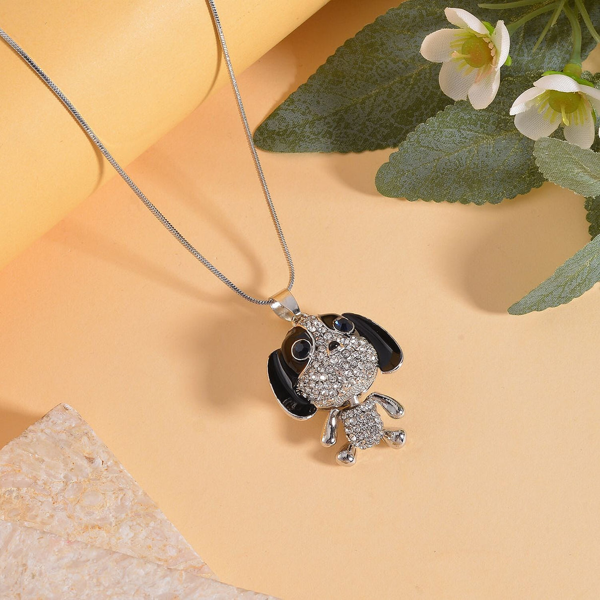 Black &amp; White Austrian Crystal Enamelled Puppy Necklace (Size - 28) 7665715 2