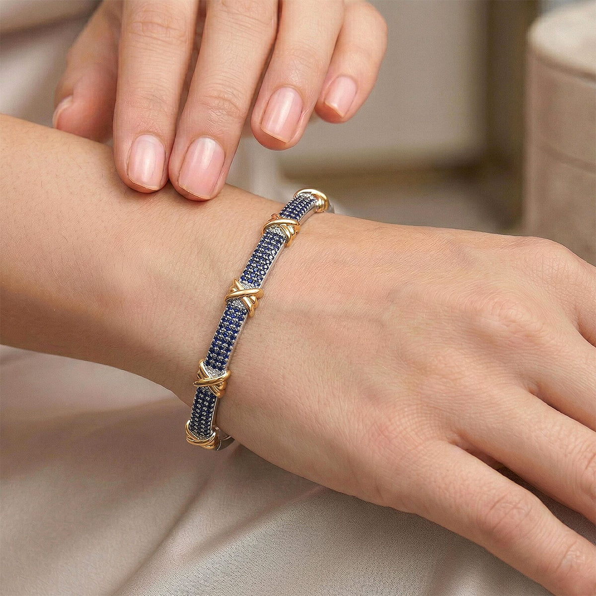 Blue Cubic Zirconia Criss Cross Bangle (Size - 7.5) V32513362 2