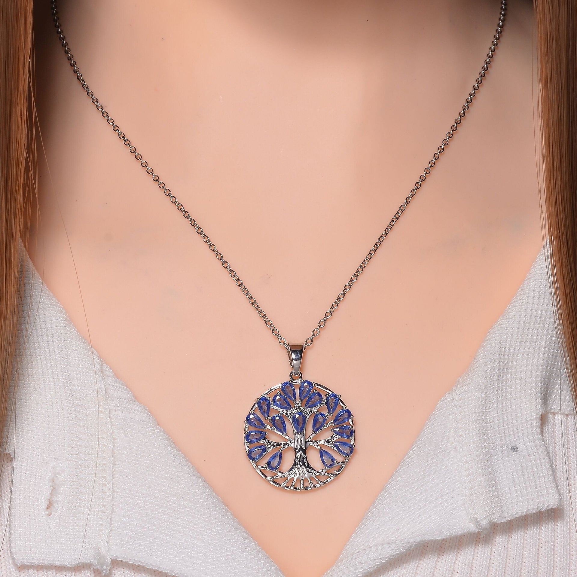 Blue Cubic Zirconia Tree of Life Necklace (Size - 20) 6.00 Ct. 8252499 2