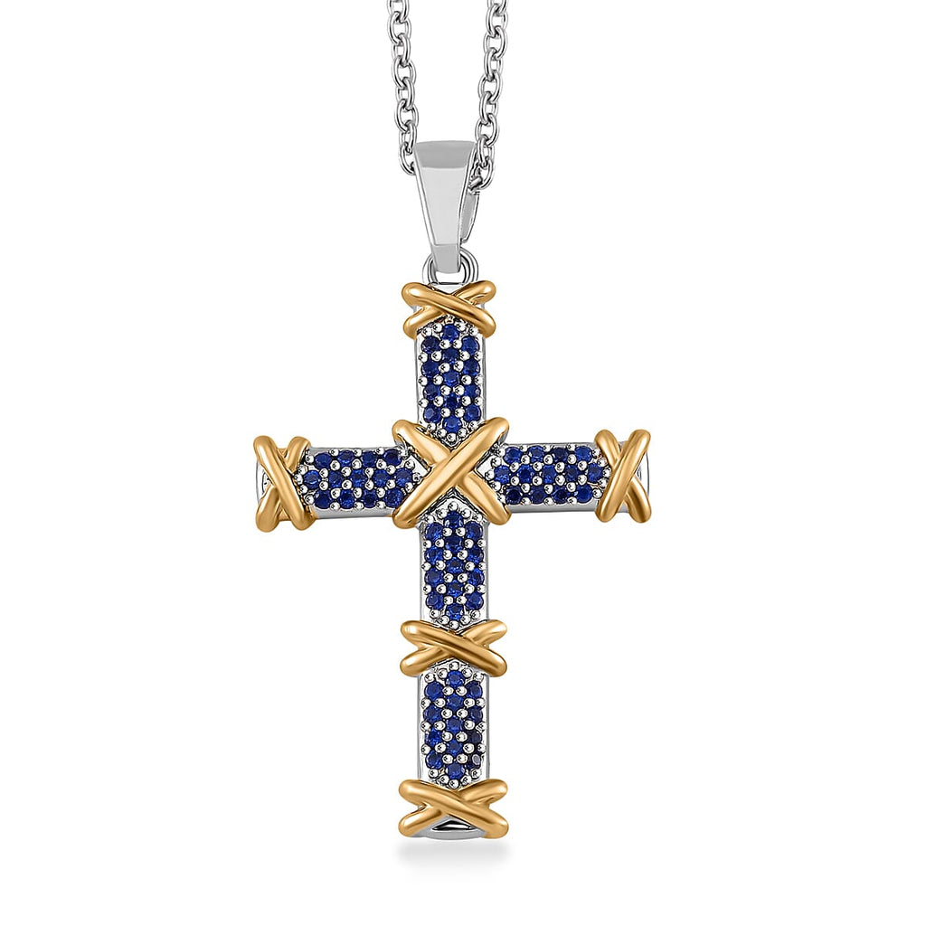 Blue Cubic Zirconia Criss Cross Pendant with Chain (Size - 20-2 Inch Ext) 3.50 Ct.