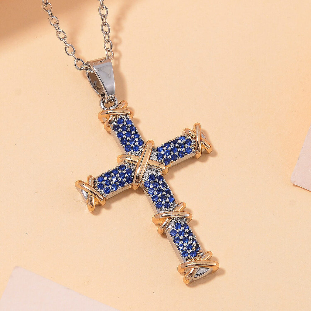 Blue Cubic Zirconia Criss Cross Pendant with Chain (Size - 20-2 Inch Ext) 3.50 Ct.