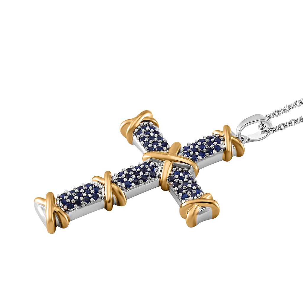 Blue Cubic Zirconia Criss Cross Pendant with Chain (Size - 20-2 Inch Ext) 3.50 Ct.