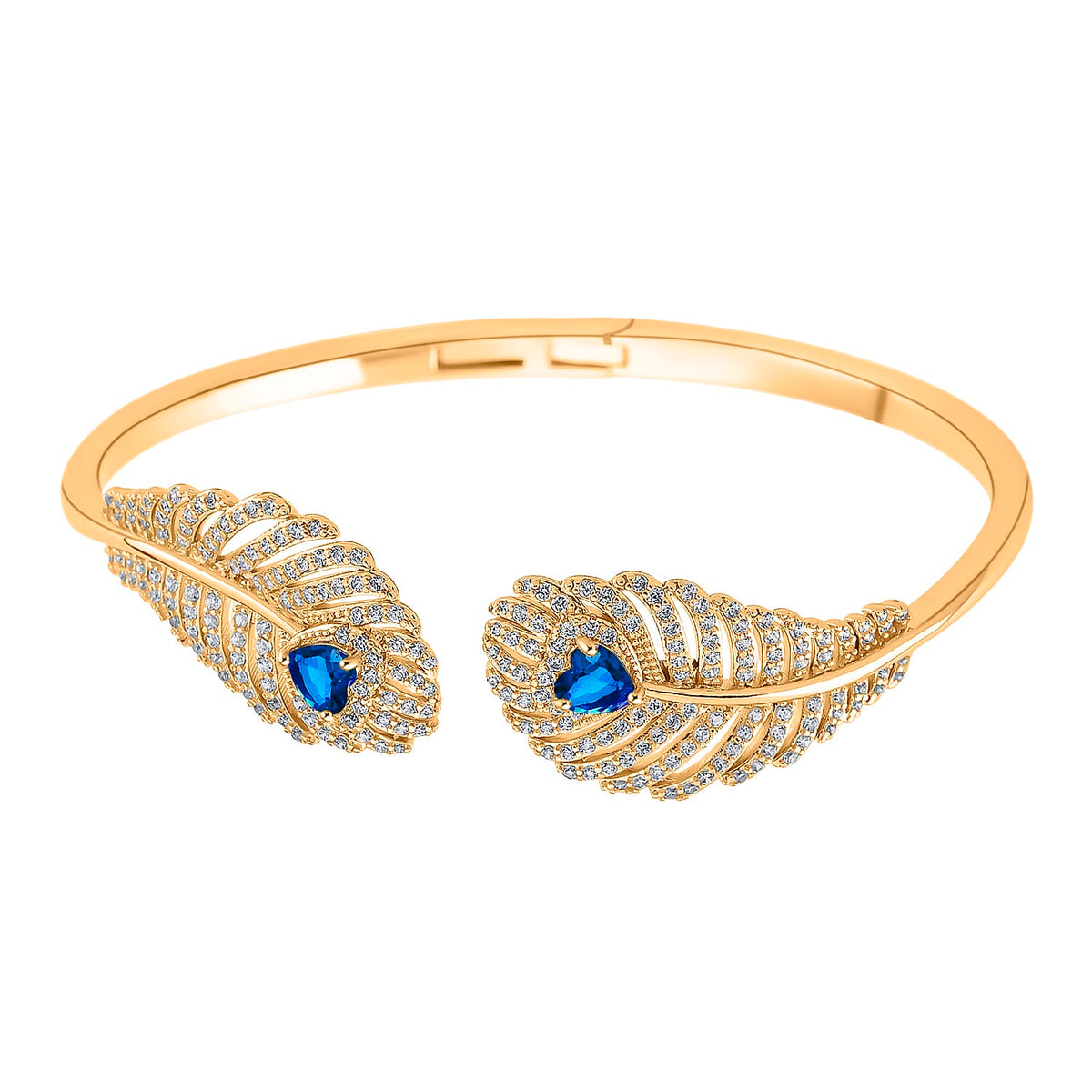 Designer Inspired- Blue Sapphire Colour &amp; White Cubic Zirconia Peacock Feather Cuff Bangle (Size -7.5) V32513866 0