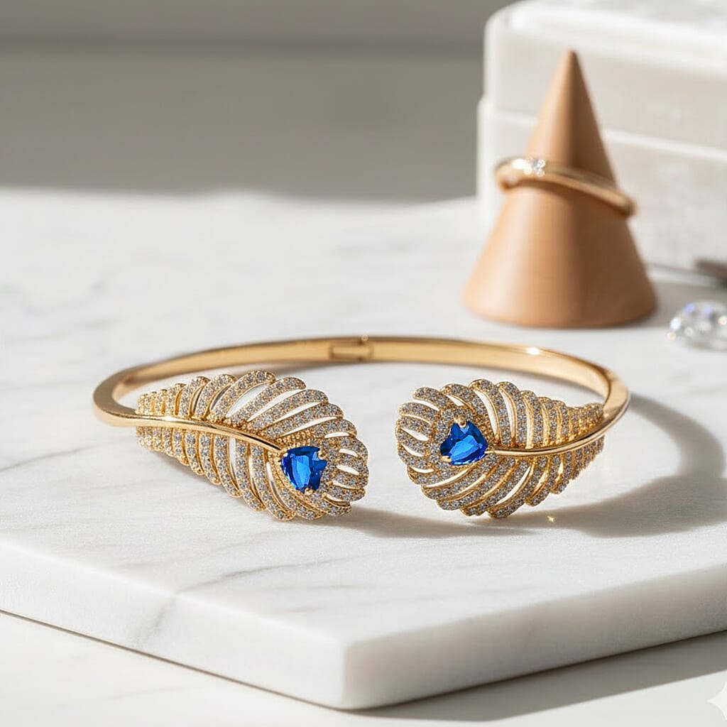 Designer Inspired- Blue Sapphire Colour &amp; White Cubic Zirconia Peacock Feather Cuff Bangle (Size -7.5) V32513866 2