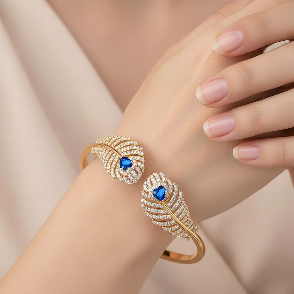 Designer Inspired- Blue Sapphire Colour &amp; White Cubic Zirconia Peacock Feather Cuff Bangle (Size -7.5) V32513866 3