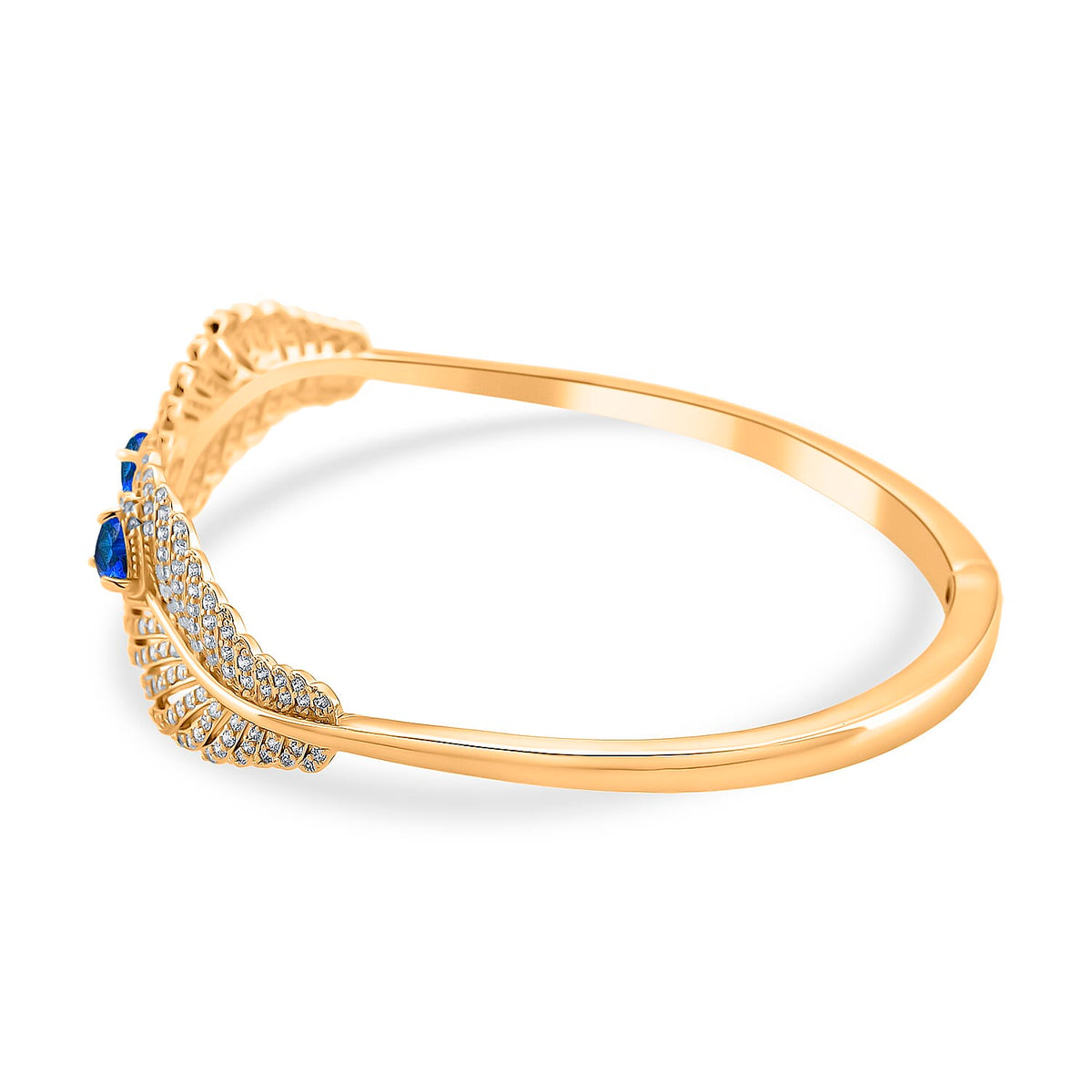 Designer Inspired- Blue Sapphire Colour &amp; White Cubic Zirconia Peacock Feather Cuff Bangle (Size -7.5) V32513866 4