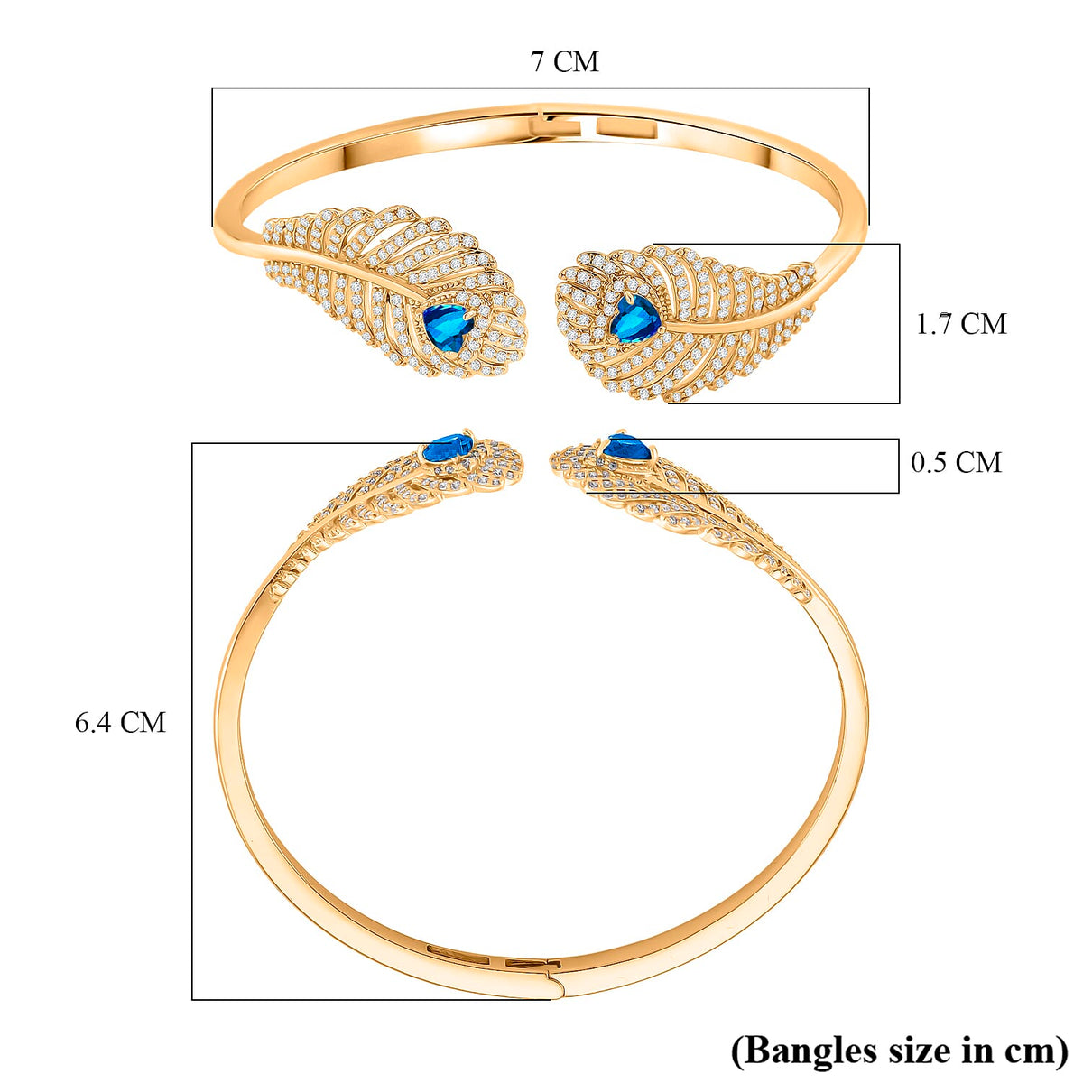Designer Inspired- Blue Sapphire Colour &amp; White Cubic Zirconia Peacock Feather Cuff Bangle (Size -7.5) V32513866 5