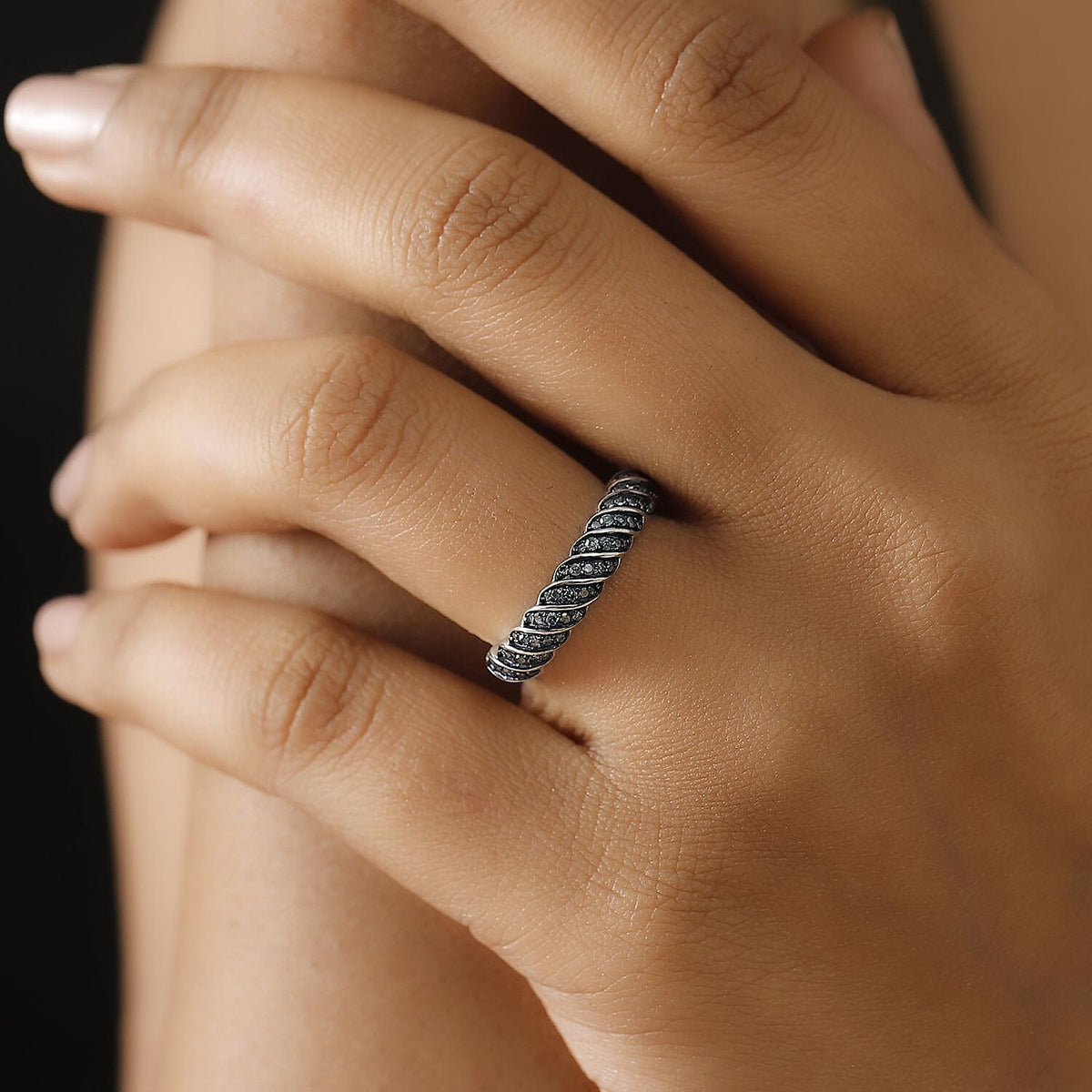 Blue Diamond Band Ring in Rhodium Overlay Sterling Silver V32628535 2