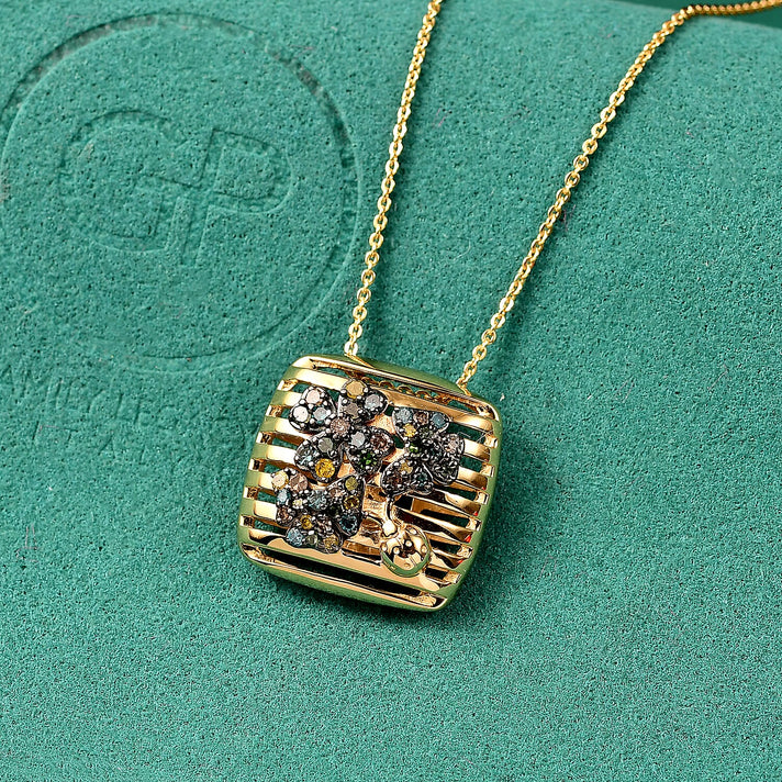 GP Italian Garden Collection - Multi Colour Diamond &amp; Kanchanaburi Blue Sapphire Pendant with Chain (Size 20) in 18K Vermeil Yellow Gold Plated Sterling Silver, Silver Wt. 6.41 Gms. 4409788 2