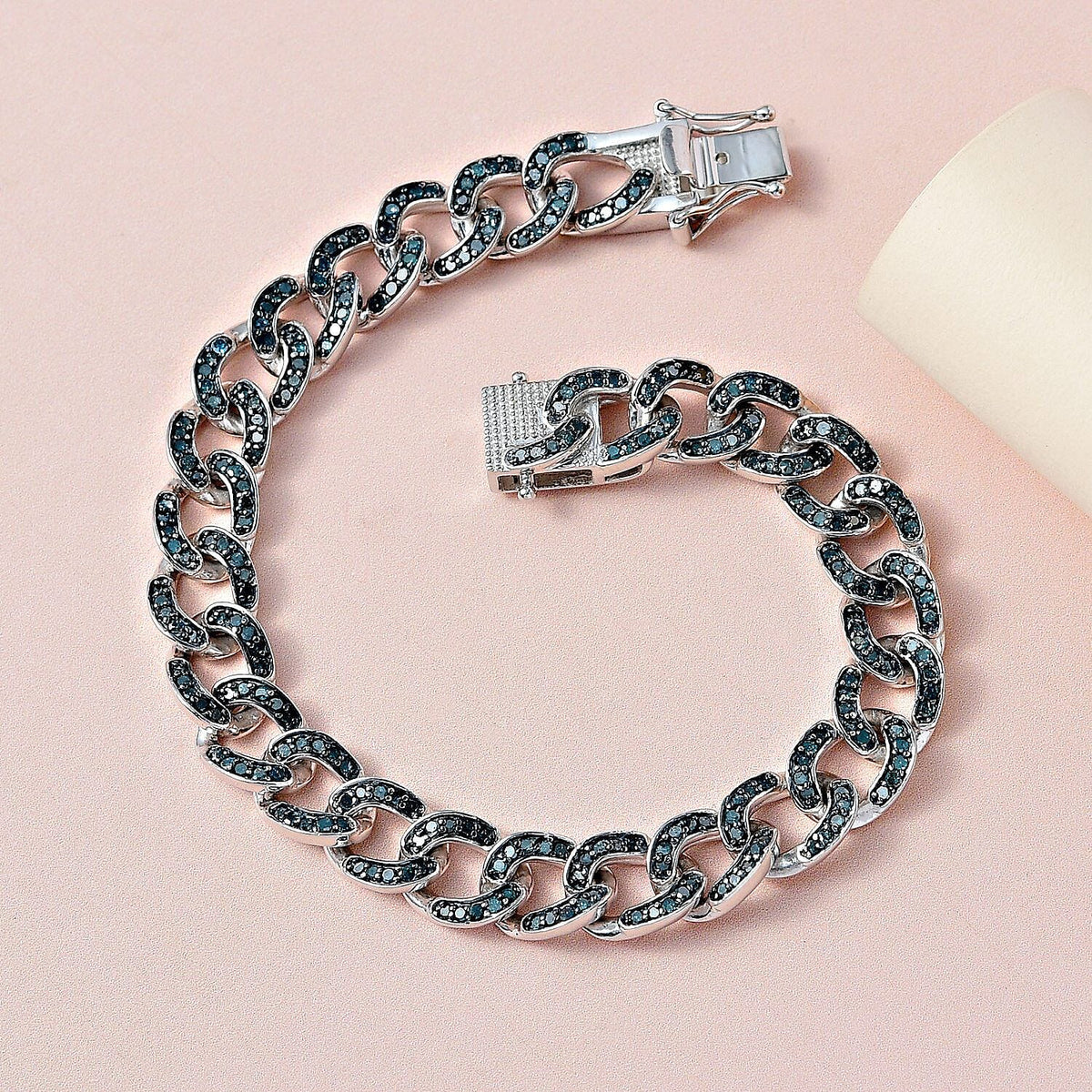 Blue Diamond Curb Bracelet (Size - 7.5) in Platinum Overlay Sterling Silver 7253142 2