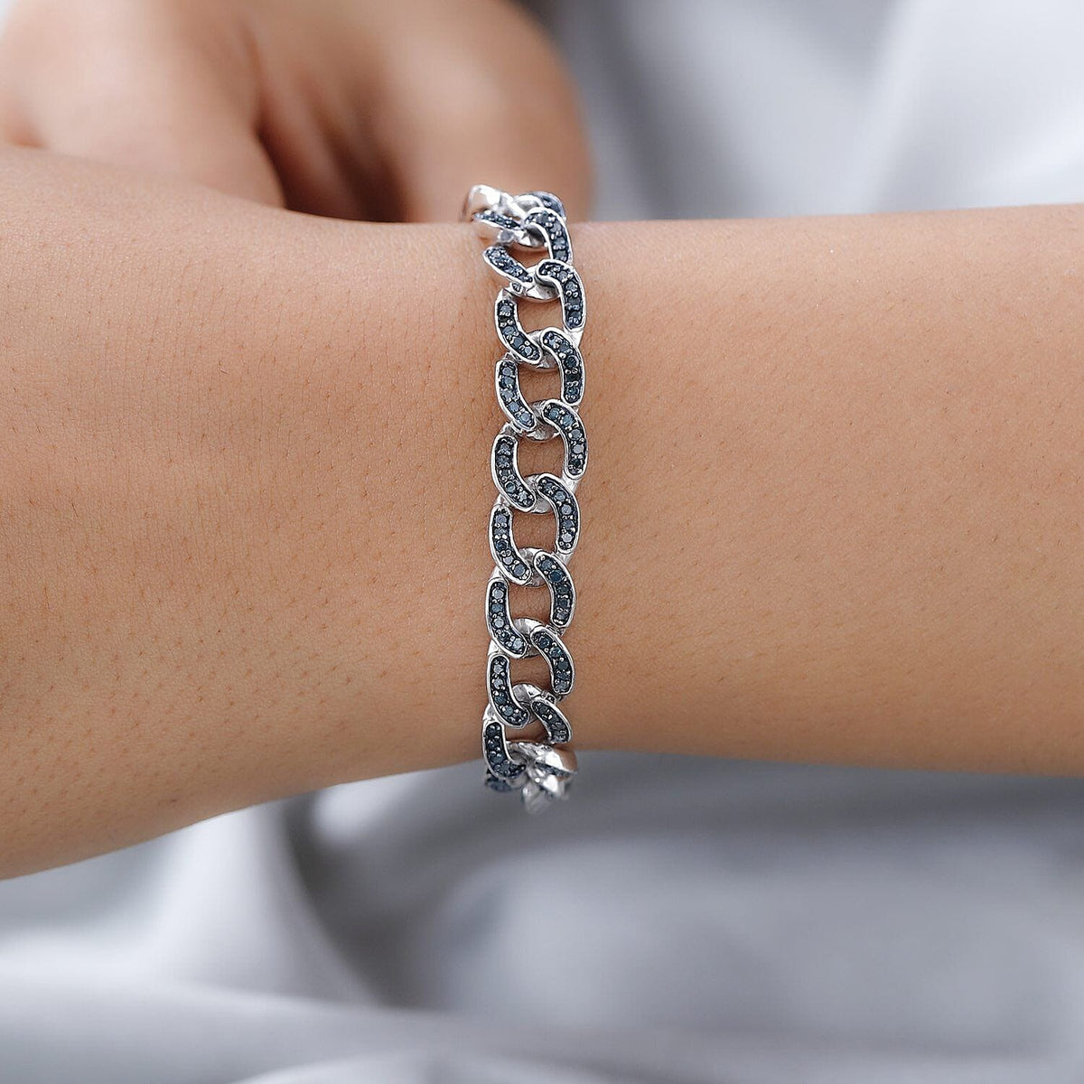 Blue Diamond Curb Bracelet (Size - 7.5) in Platinum Overlay Sterling Silver 7253142 3