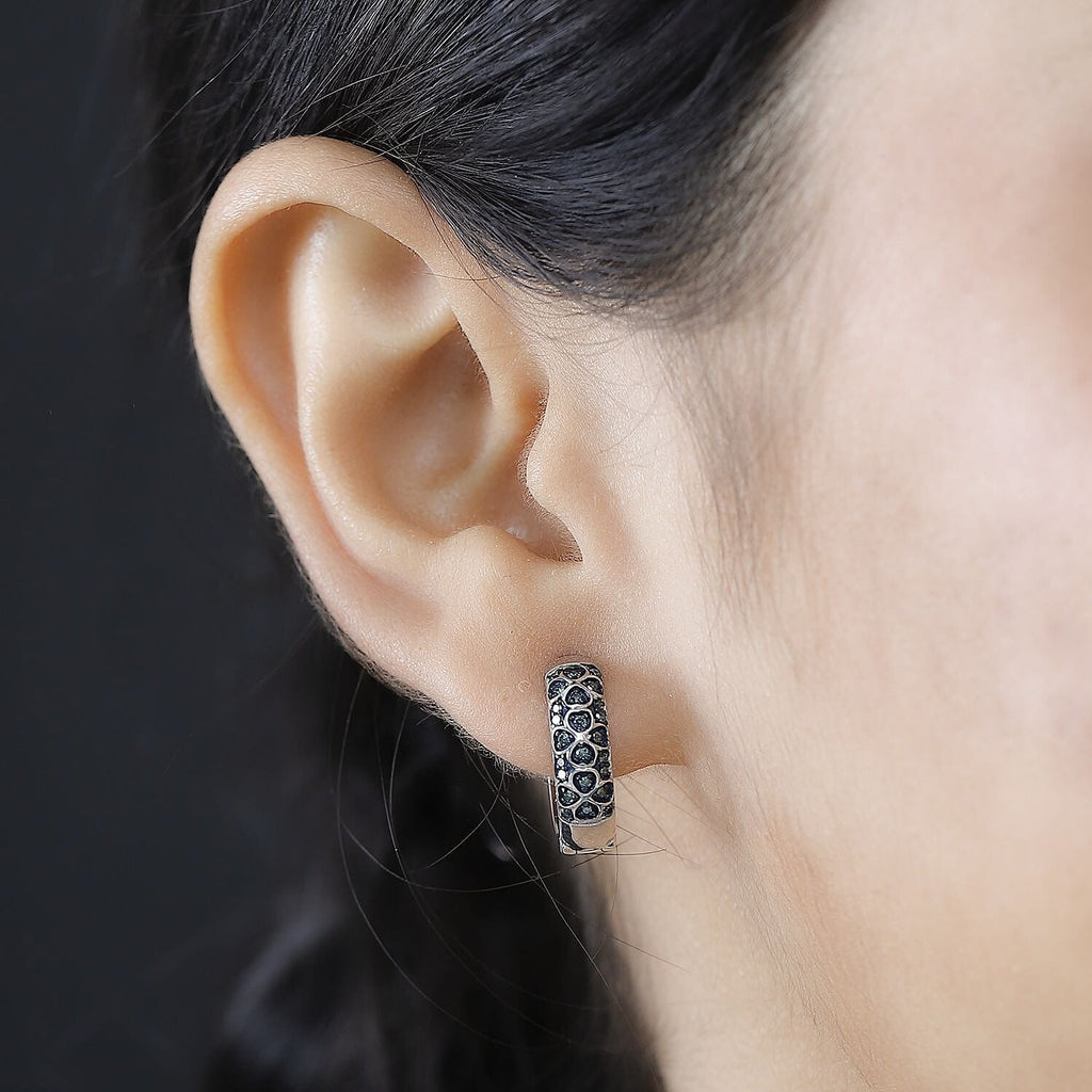 Blue Diamond Cluster with Hoop Earring in Rhodium Overlay Sterling Silver 0.25 Ct.