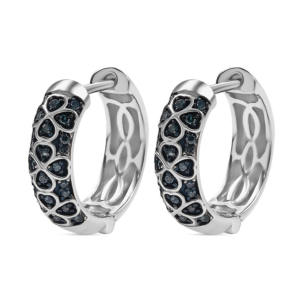 Blue Diamond Cluster with Hoop Earring in Rhodium Overlay Sterling Silver 0.25 Ct.