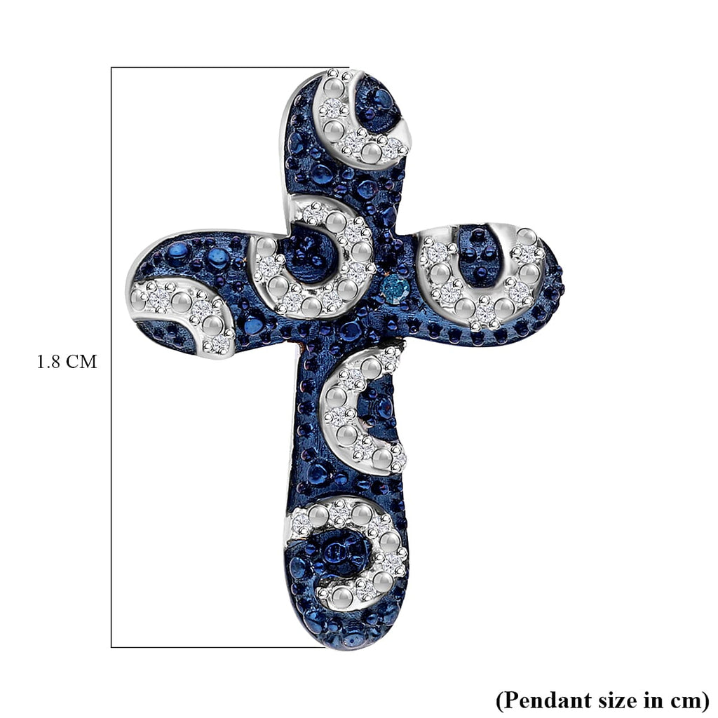 Blue Diamond Cross Pendant in Platinum Overlay Sterling Silver