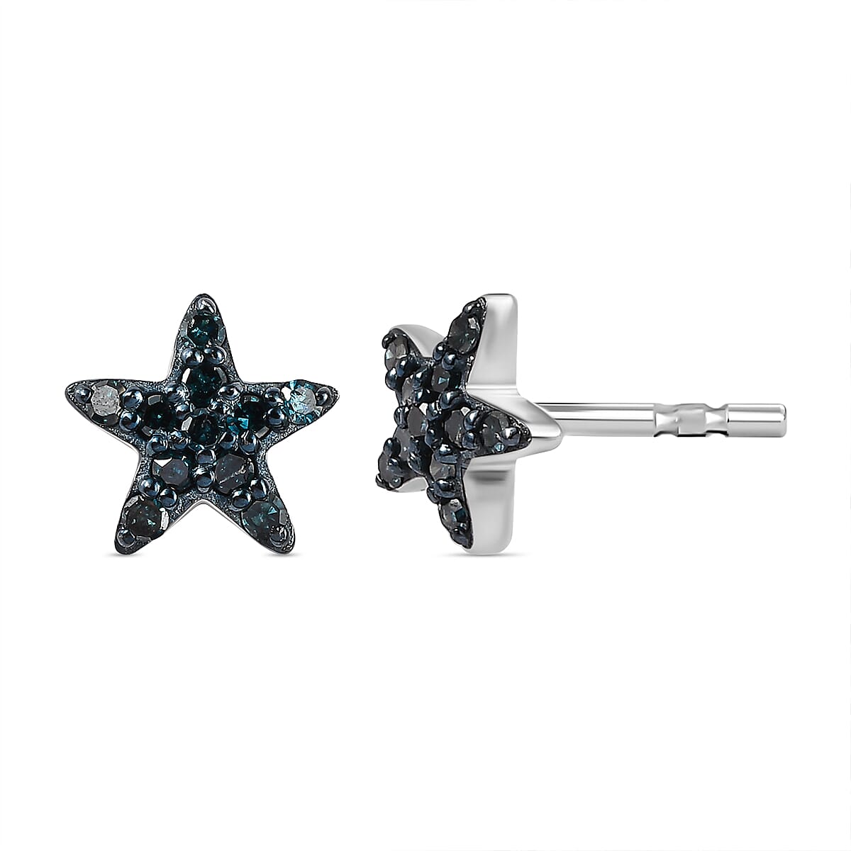 Blue Diamond Star Stud Earrings in Platinum Overlay Sterling Silver 0.15 Ct 7400885 0