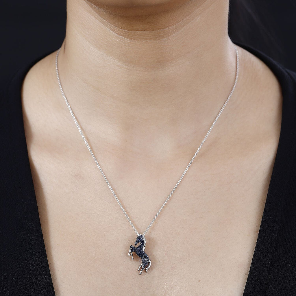 Blue Diamond Horse Pendant in Rhodium Overlay Sterling Silver