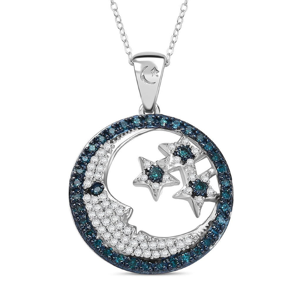 GP Celestial Dream Collection - Blue Diamond, Kanchanaburi Blue Sapphire & White Diamond Moon & Star Pendant with Chain (Size 20) in Rhodium Overlay Sterling Silver