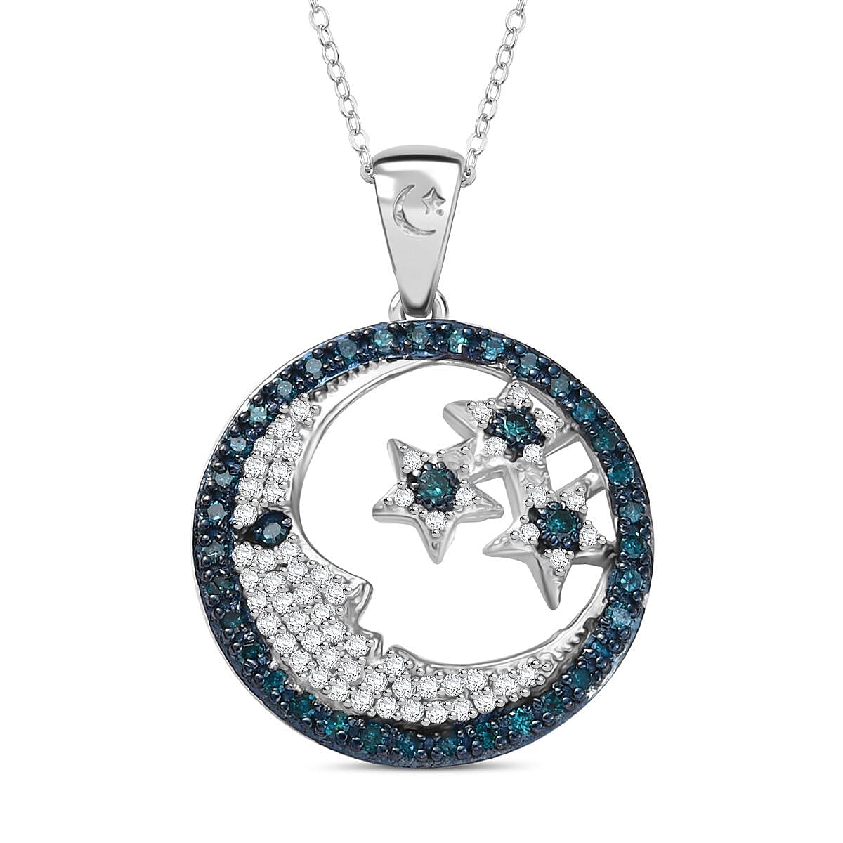 GP Celestial Dream Collection - Blue Diamond, White Diamond Moon and Star Pendant with Chain (Size 20) in Rhodium Overlay Sterling Silver 4391604 0
