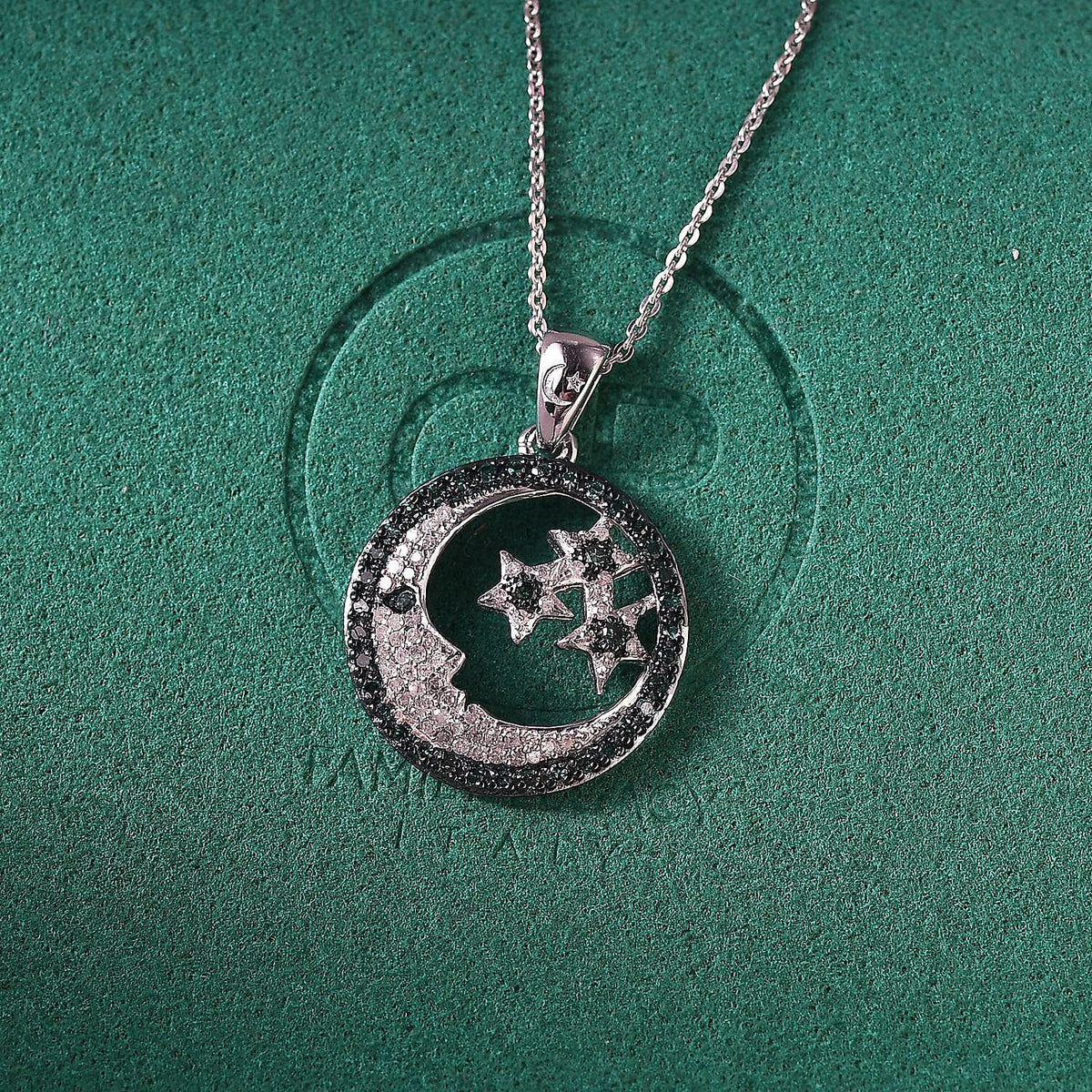 GP Celestial Dream Collection - Blue Diamond, White Diamond Moon and Star Pendant with Chain (Size 20) in Rhodium Overlay Sterling Silver 4391604 2