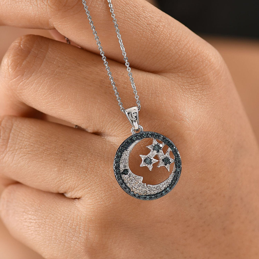 GP Celestial Dream Collection - Blue Diamond, Kanchanaburi Blue Sapphire & White Diamond Moon & Star Pendant with Chain (Size 20) in Rhodium Overlay Sterling Silver