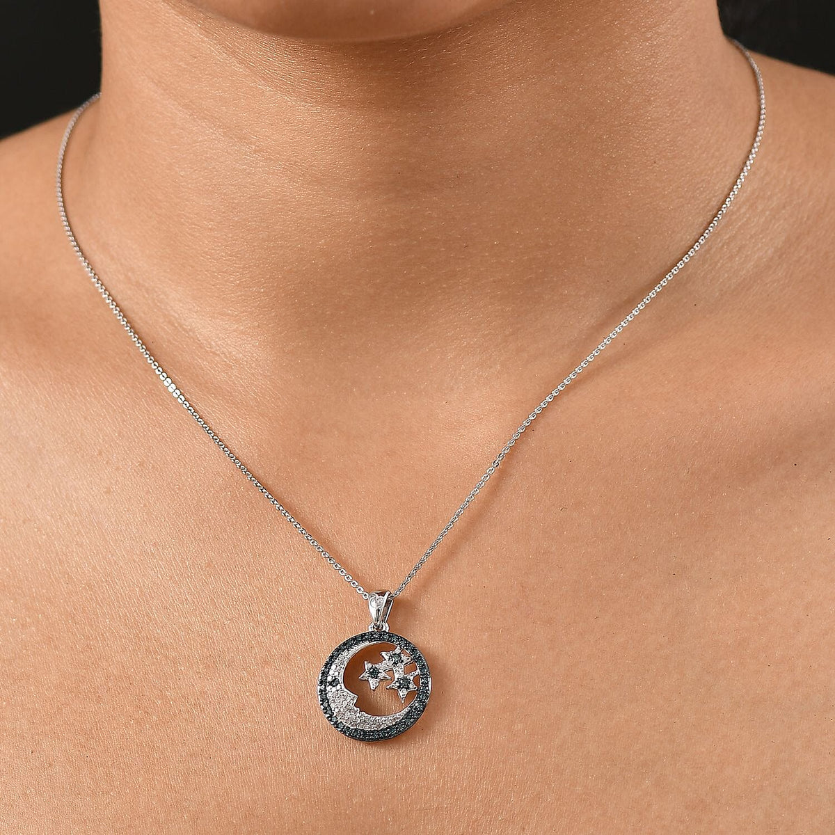 GP Celestial Dream Collection - Blue Diamond, White Diamond Moon and Star Pendant with Chain (Size 20) in Rhodium Overlay Sterling Silver 4391604 4