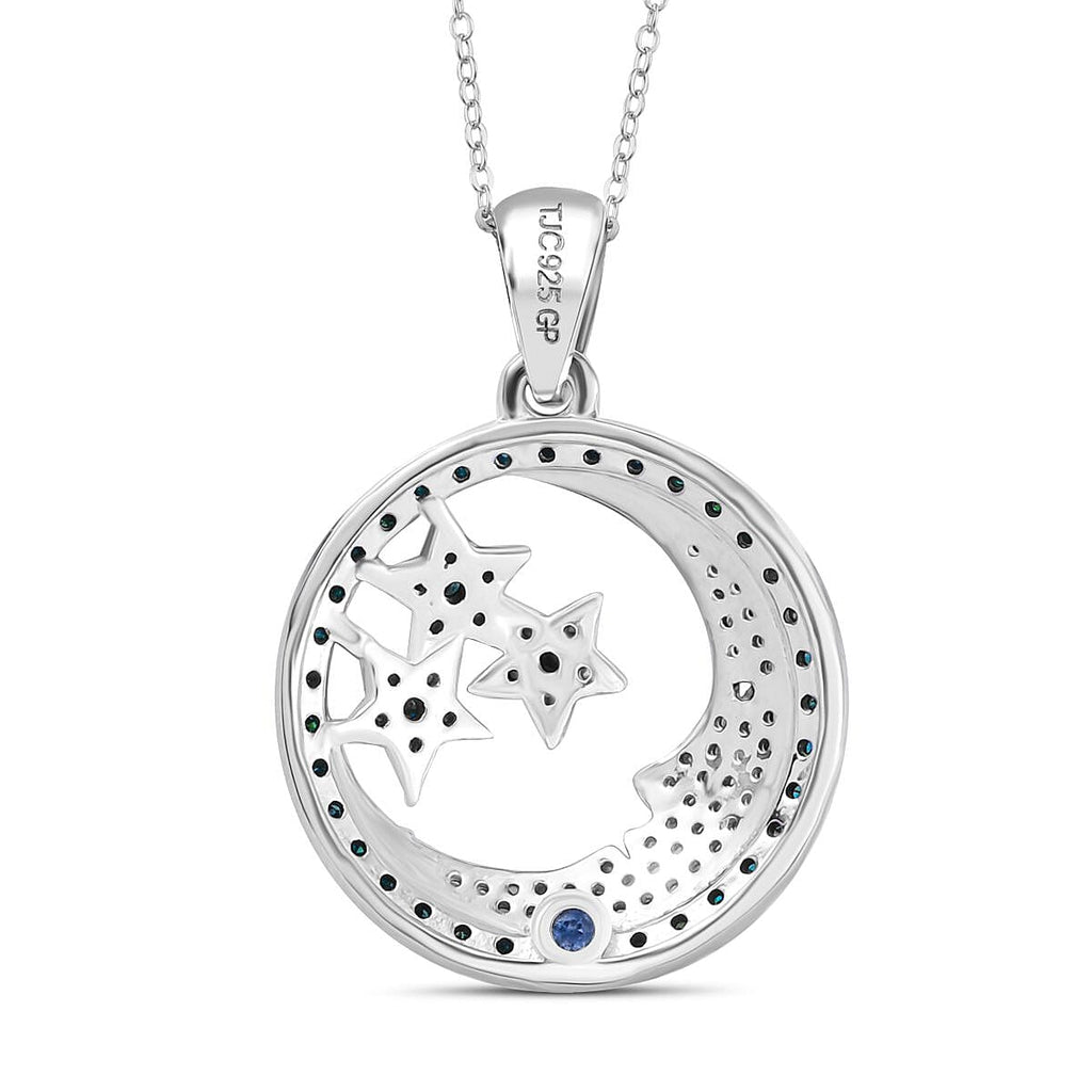 GP Celestial Dream Collection - Blue Diamond, Kanchanaburi Blue Sapphire & White Diamond Moon & Star Pendant with Chain (Size 20) in Rhodium Overlay Sterling Silver